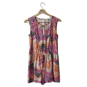 Trina Turk Silk Romper Size 0 Lined Pockets Cinch Waist Pink Orange Tan Keyhole